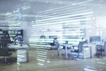 Multi exposure of abstract creative digital world map hologram on a modern furnished office...