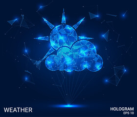 A hologram of the weather. The cloud and the sun are made up of polygons, triangles of points and lines. Weather low-poly compound structure. Technology concept vector.