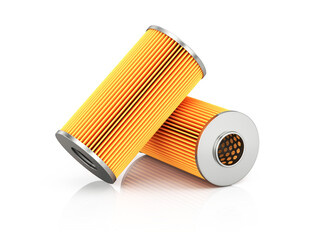 Car Oil or fuel filters isolated on white. Car servicing. Vehicle filters replacing and car servicing concept