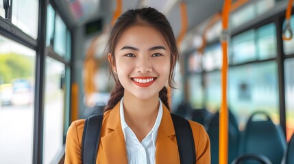 Eco conscious asian businesswoman happily commuting by bus to reduce air pollution