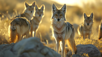 Coyot family standing in front of the camera in the rocky plains with setting sun. Group of wild...