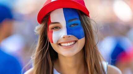 Excited french female fan with painted face, supporting team at stadium with copy space for text