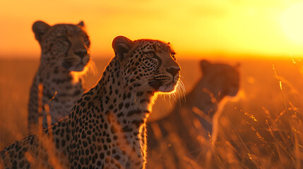 Leopards standing in the savanna with setting sun shining. Group of wild animals in nature.