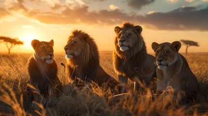 Lions standing in the savanna with setting sun shining. Group of wild animals in nature. - obrazy, fototapety, plakaty