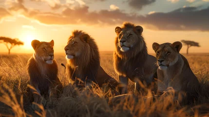 Poster Lions standing in the savanna with setting sun shining. Group of wild animals in nature. © linda_vostrovska