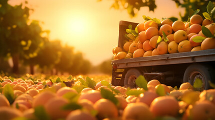 Cargo truck carrying orange fruit in an orchard with sunset. Concept of food production, transportation, cargo and shipping.