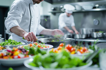 Expert chefs skillfully preparing gourmet salads in a commercial kitchen