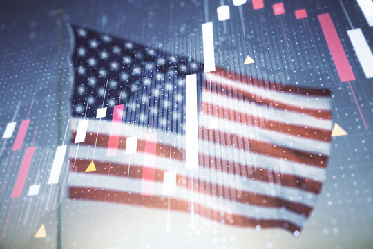 Double exposure of abstract creative financial diagram and world map on US flag and blue sky background, banking and accounting concept