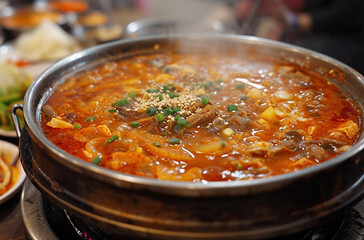 Imagine a warm and inviting dish featuring a hearty blend of succulent meat and fresh vegetables, all simmered together in a rich and flavorful broth, generative ai