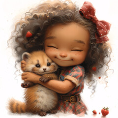 Cute girl with curly hair with a shiny bow, in a menthol T-shirt with strawberries, skirt with pockets, striped tights and shoes with clasps, hugging a Cute Squirrels