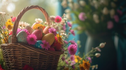 Obraz na płótnie Canvas Enchanting Easter basket filled with decorated eggs among a bloom of spring flowers, blurred background with copy space, ideal for a festive banner. Generative AI