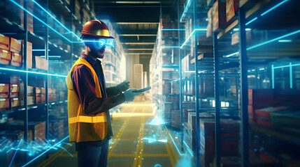 stock clerk or warehouse clerk with smart system virtualization for quality control work.Virtual reality technology.safety management concepts. generative AI.