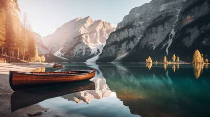 Beautiful view of traditional wooden rowing boat on scenic Lago di Braies in the Dolomites in scenic morning light at sunrise - obrazy, fototapety, plakaty