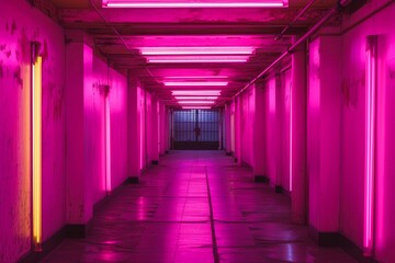 A vibrant magenta glow casts a dreamy aura over the indoor hallway, illuminating the ceiling and floor in a sea of purple and violet hues