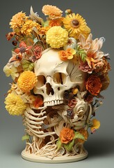 Surreal illustration of a flower vase with a skull