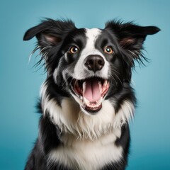 Fototapeta premium Portrait of cute dog isolated on blue background with copy space. Pet concept.