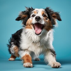 Portrait of cute dog isolated on blue background with copy space. Pet concept.