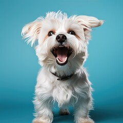 Portrait of cute dog isolated on blue background with copy space. Pet concept.