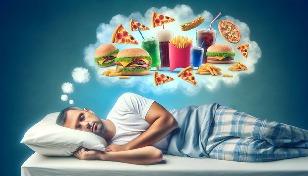 young man sleeping in a bed and dreaming of a fast food