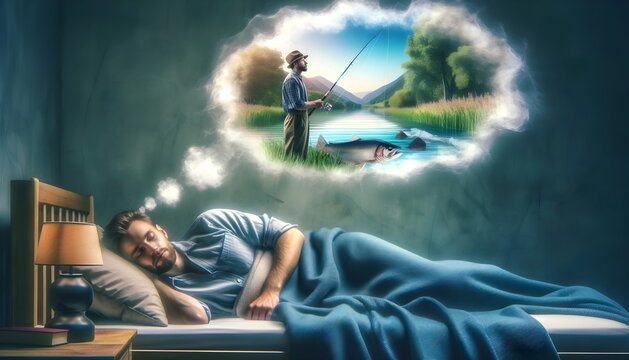 young man sleeping in a bed and dreaming of a fishing