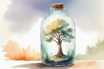 Obraz premium A tree inside a large transparent bottle, cinematic light, watercolor art illustration - Concept for preservation