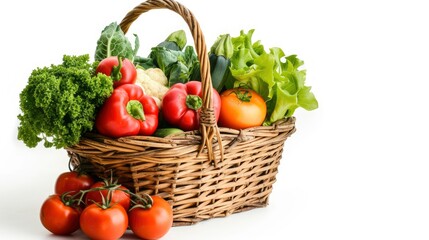 Wicker basket full with various fresh vegetables on white background