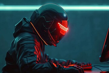 A digital warrior emerges from a glitchy landscape, protected by their trusty helmet and sleek black jacket in this dynamic screenshot, showcasing the power of digital compositing