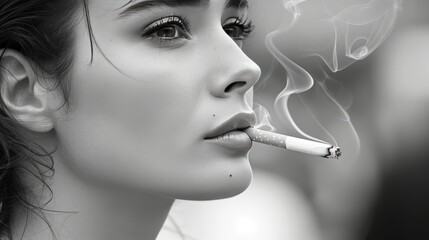 Dramatic close up portrait of a woman smoking a cigarette with moody lighting and intense expression - obrazy, fototapety, plakaty