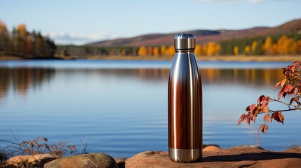 Steel thermos. The background of the autumn lake is blurred. Generative AI