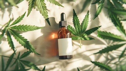 Mockup of blank cbd or thc oil glass bottle with empty label and canabis marijuana leaves on table or floor, product packaging with natural shadows, hemb medical plant, flat lay, top view