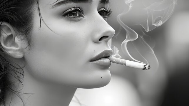 Dramatic Close Up Portrait Of A Woman Smoking A Cigarette With Moody Lighting And Intense Expression