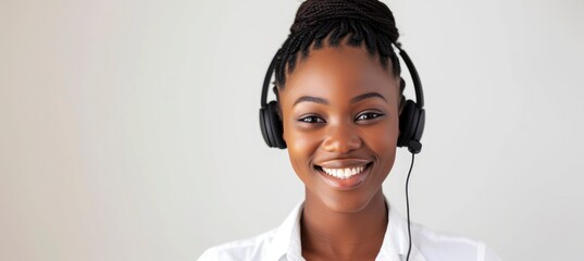 a black woman smiling wearing headphone as a customer service, against white background