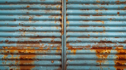 Aged beauty: close-up of rusty blue metal shutters and grilles, a blue and white textured background that conveys time and elements