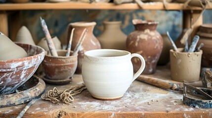 A white mug in a pottery studio, surrounded by clay and pottery tools,, mug mock-up 