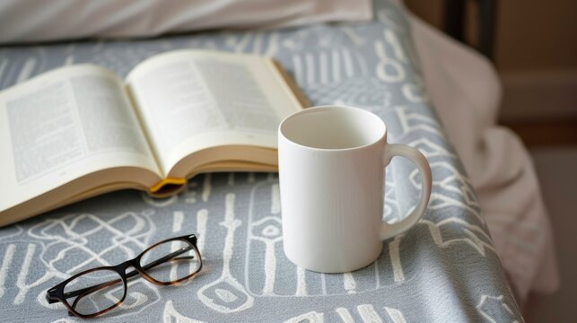 A white mug on a bedside table next to an open book and reading glasses, mug mock-up 