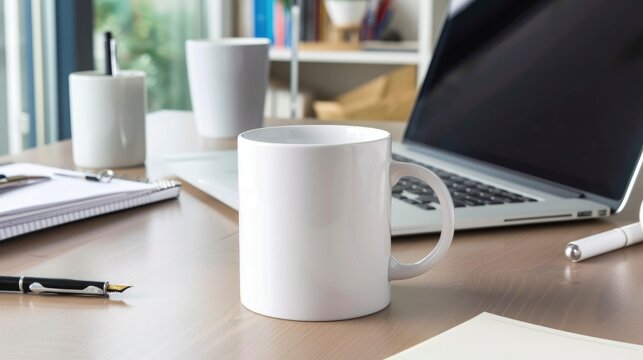 A white mug on a desk in a home office, surrounded by a laptop, notepad, and pen, mug mock-up 
