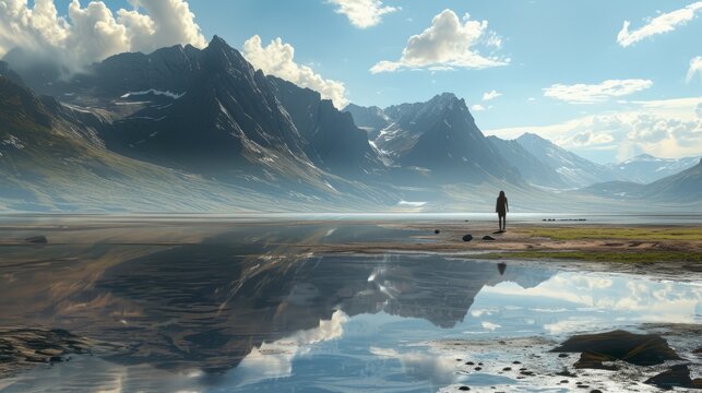 A lonely figure of a man among a majestic landscape, reflected in a calm water surface, surrounded by high snow-capped mountains and a clear blue sky