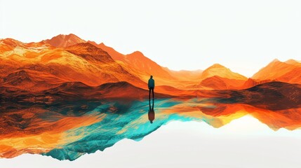 A solitary figure among the majestic contrast of warm and cool mountains reflected in a calm lake