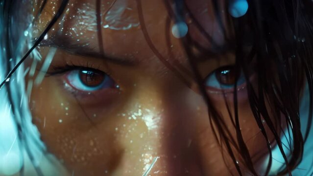 Witness the unwavering spirit of a fearless Asian athlete woman in a close-up, her eyes and face expressing determination beneath the pouring rain.