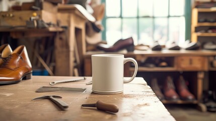 A white mug on a table in a cobbler’s shop, with shoes and shoe-making tools around, mug mock-up  - obrazy, fototapety, plakaty