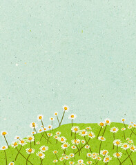 Ilustracja zielona łąka białe stokrotki niebo tekstura. - 729149310