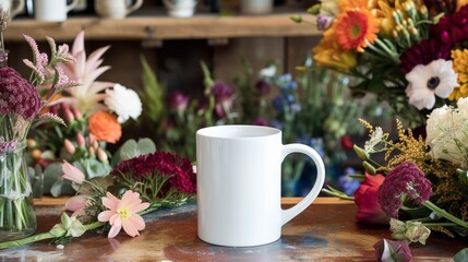 Obraz na płótnie Canvas A white mug on a table in a florist’s shop, with flowers and floral arrangements around, mug mock-up 