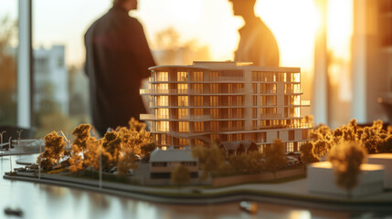 realistic scale model of a modern apartment building, illuminated and showcased in front of blurred silhouettes of people in the background