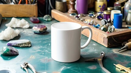 A white mug on a table in a jewelry workshop, with gemstones and jewelry-making tools around, mug mock-up 
