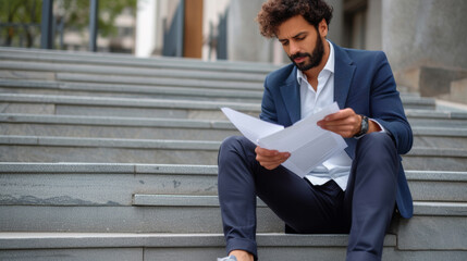 A businessman in a suit is sitting on outdoor stairs, attentively reading a document.