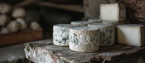 Young goat cheese with blue mold stored in a farmhouse cellar.