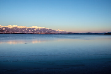View of the mountains and lake in winter season.