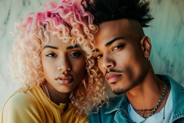Fototapeta premium A fashionable young couple captures a moment of joy as they pose for a portrait, their smiling faces framed by carefully coiffed hairpieces and adorned with delicate fashion accessories