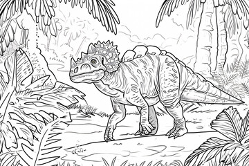 Pachycephalosaurus Dinosaur Black White Linear Doodles Line Art Coloring Page, Kids Coloring Book