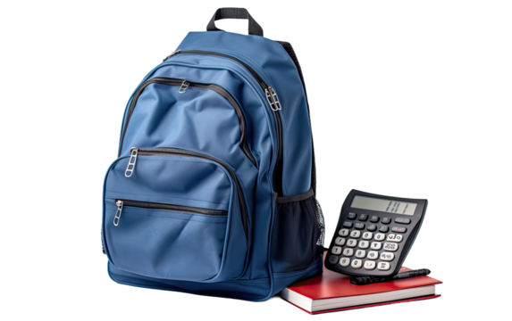 Indigo Backpack with Calculator and notebook on a White or Clear Surface PNG Transparent Background